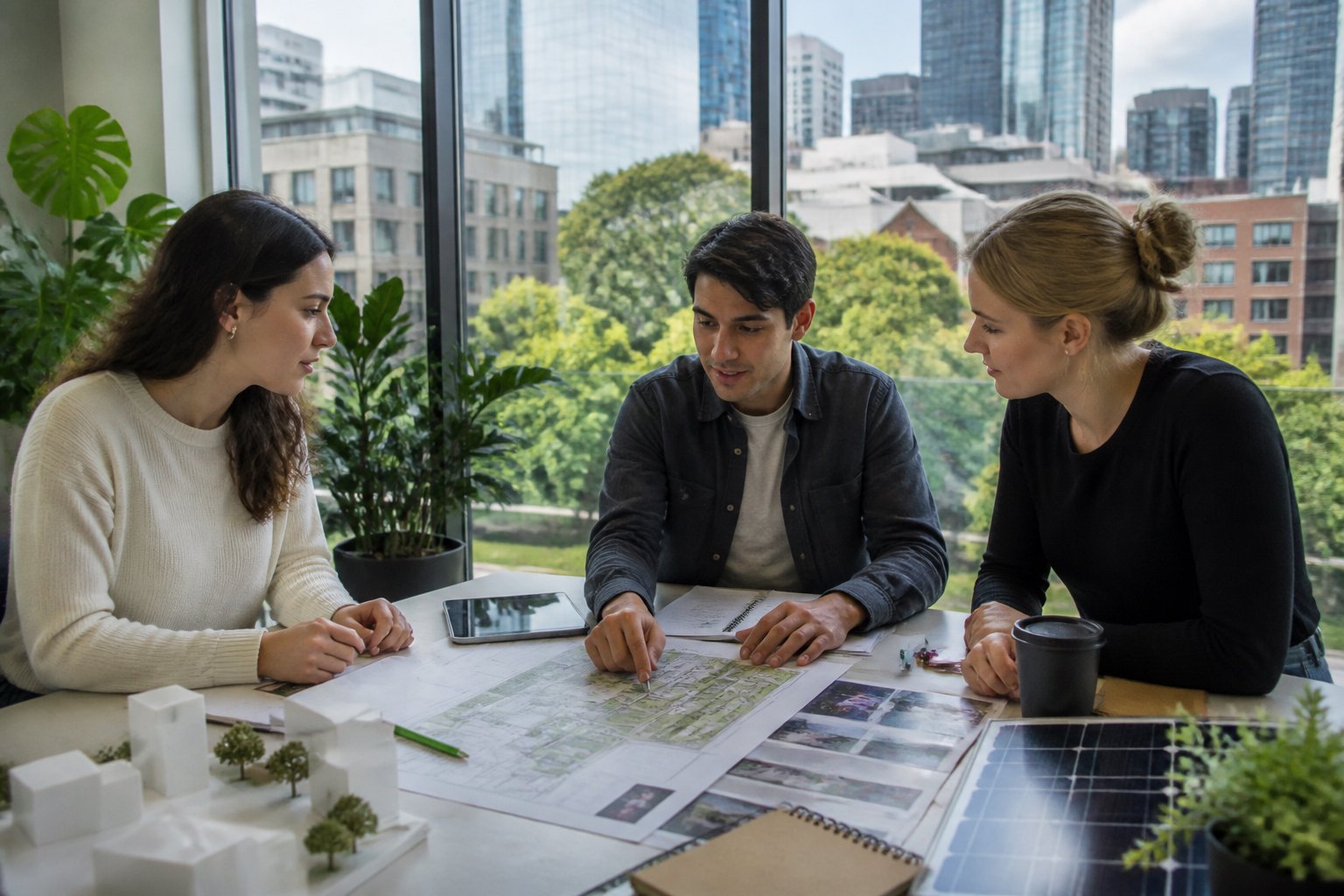 Urban design team reviewing a sustainable precinct plan