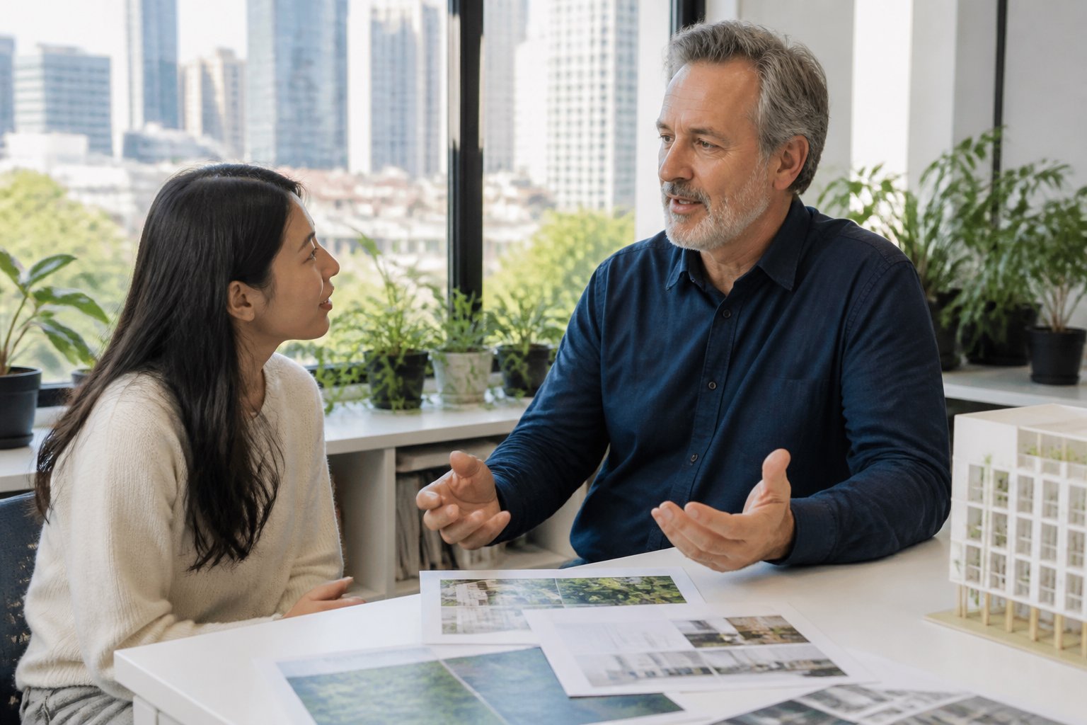 Researchers discussing sustainable building design and landscape plans